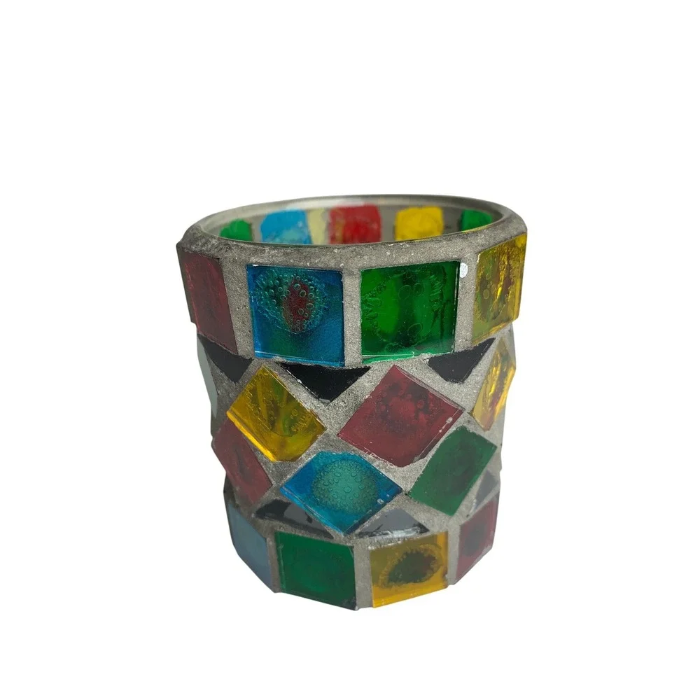 Vintage Mosaic Stained Glass Votive Candle Holder Multicolor‎ Geometric Boho